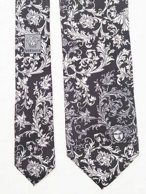 Versace Men's Monochrome Black Gray White Baroque Floral Print Medusa Neck Tie
